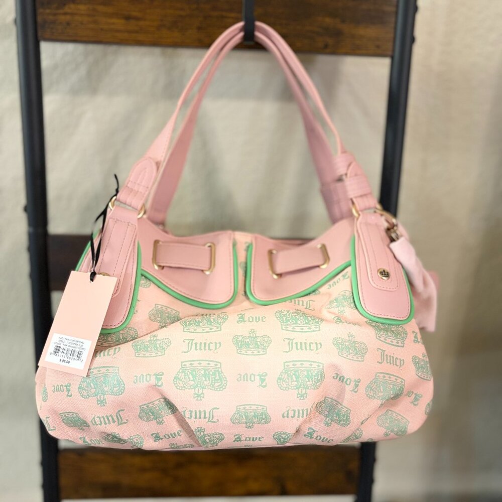 Juicy Couture Fan Club Crown Logo Satchel Pink & Green Shoulder Bag